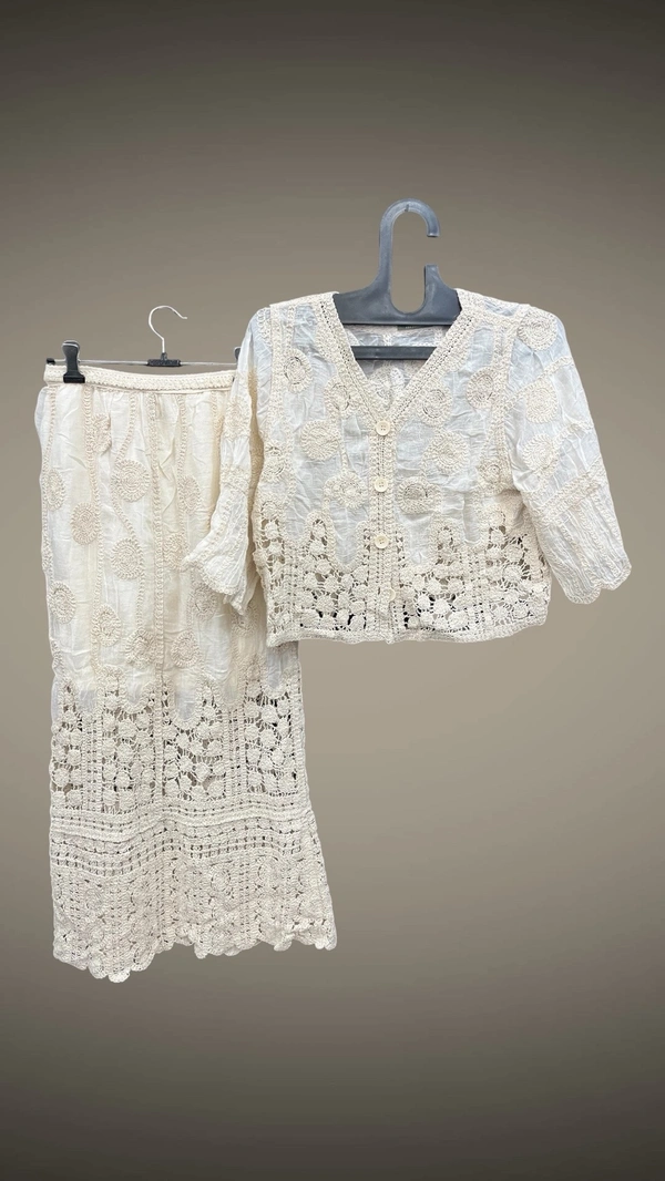 Korean Beige Crochet Co-Ord Set - Free Size, Beige