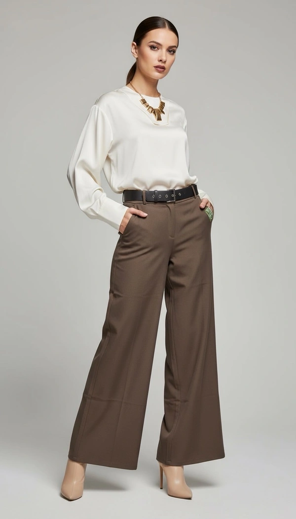 JING J  Coffee Wide-Leg Belted Bottoms - Morocco Brown, L/30