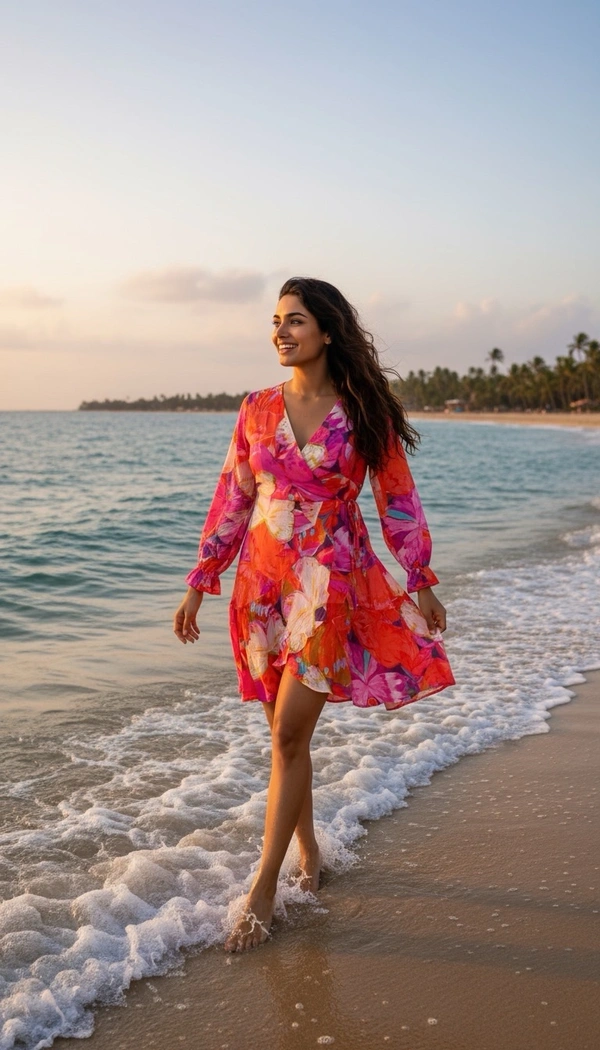 Korean  Tropical Bloom Wrap Dress” 🌺✨ - Printed, Free Size