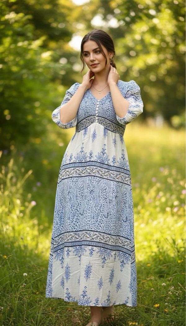 Kiwi Girl Printed Midi Dress - Blue printed, Free Size