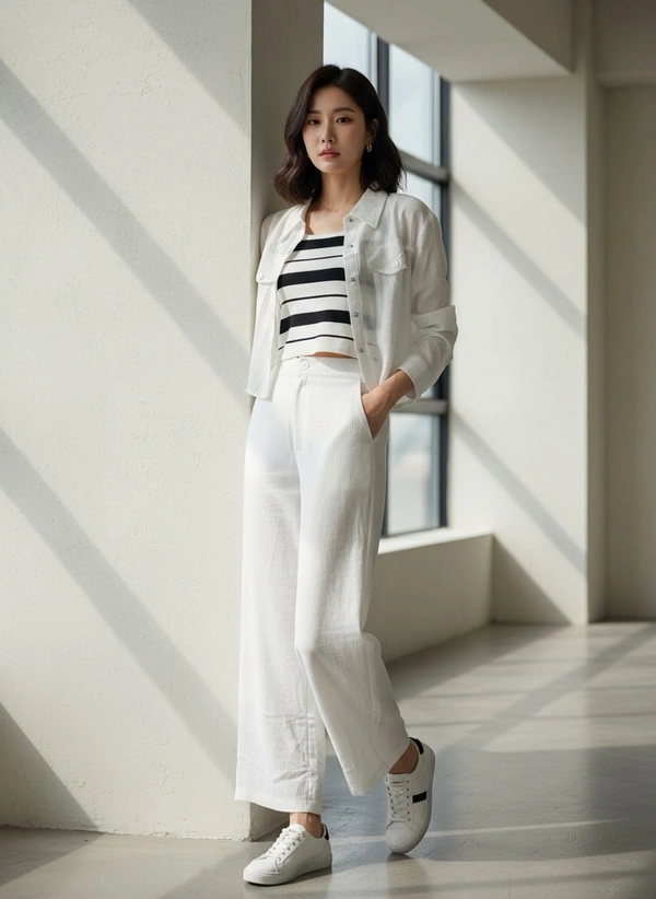 Korean White Elegance Co-ord Set - L, White