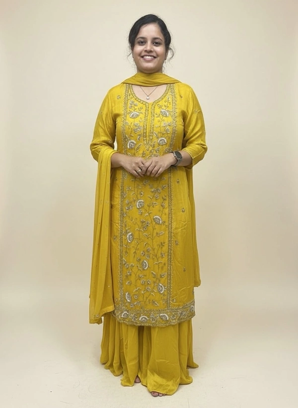 A.D. Yellow Chinon Embroidery Suit  - M/38, Corn