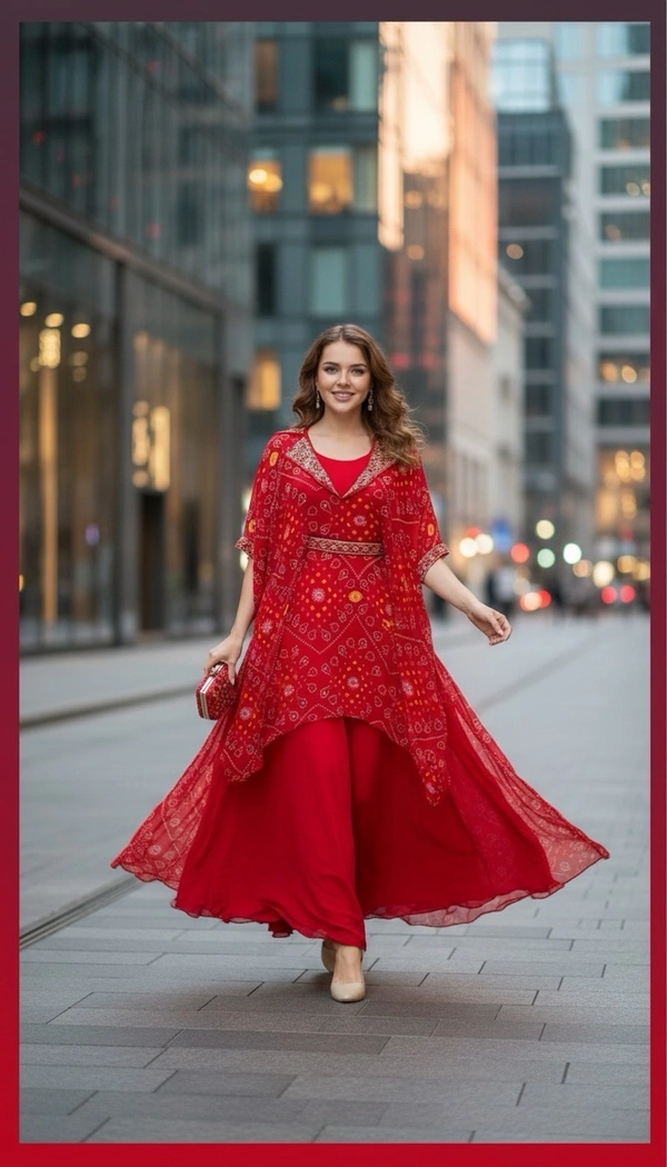 S4U Rangreza Bandhej Charm Sharara Set - M/38, Red