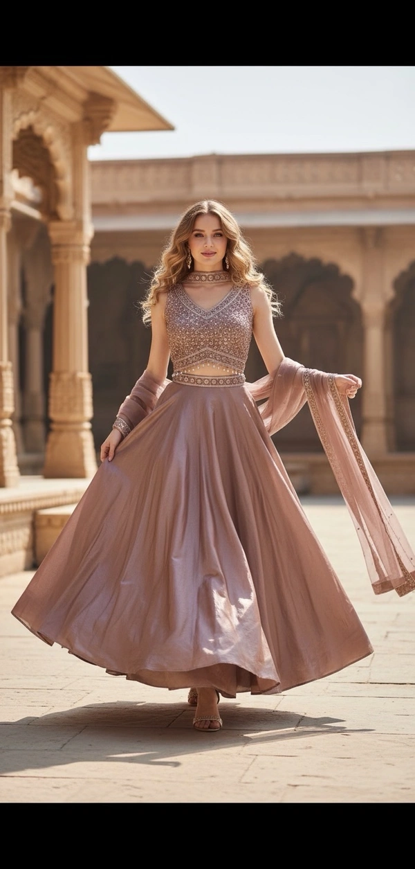 A.D.  Pastel brown organza Lehenga set - L, Special brown