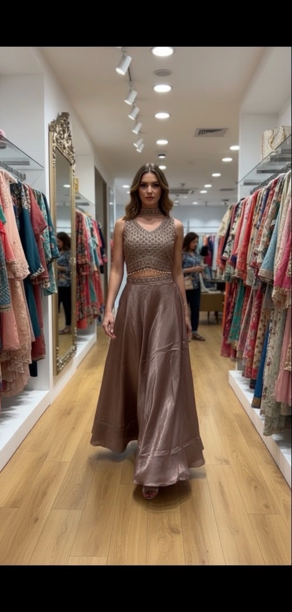 A.D.  Pastel brown organza Lehenga set - L, Special brown