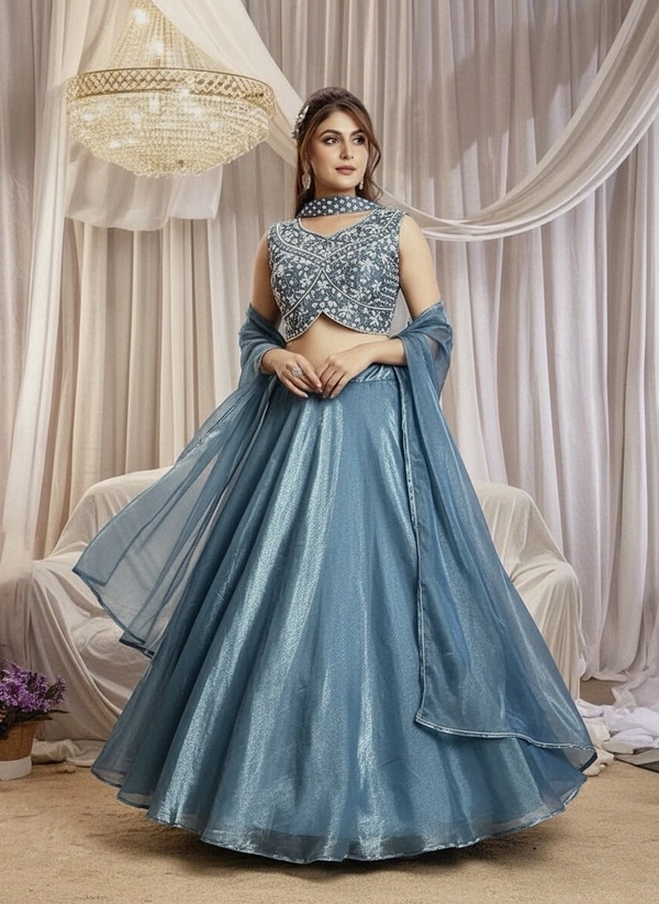 A.D. Pestal blue  organza, stylish Lehenga set - XL, Pastel blue