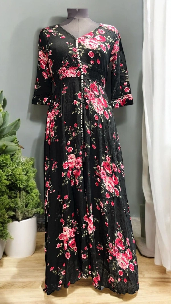 RASPBERRY black floral printed maxi dress - L, Black PRINTED