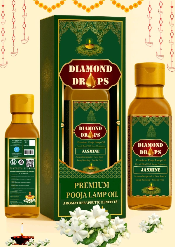DIAMOND DROPS POOJA LAMP OIL 200ML(JASMINE) (Smokeless Formula ) A Temple In Every Drop  - Pine Green