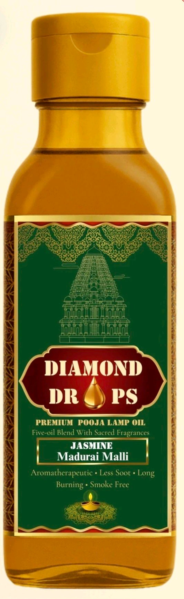 DIAMOND DROPS POOJA LAMP OIL 500Ml ML, JASMINE- Madurai Malli (Aromatherapeutic And Smokeless Formula ) A Temple In Every Drop  - Pine Green