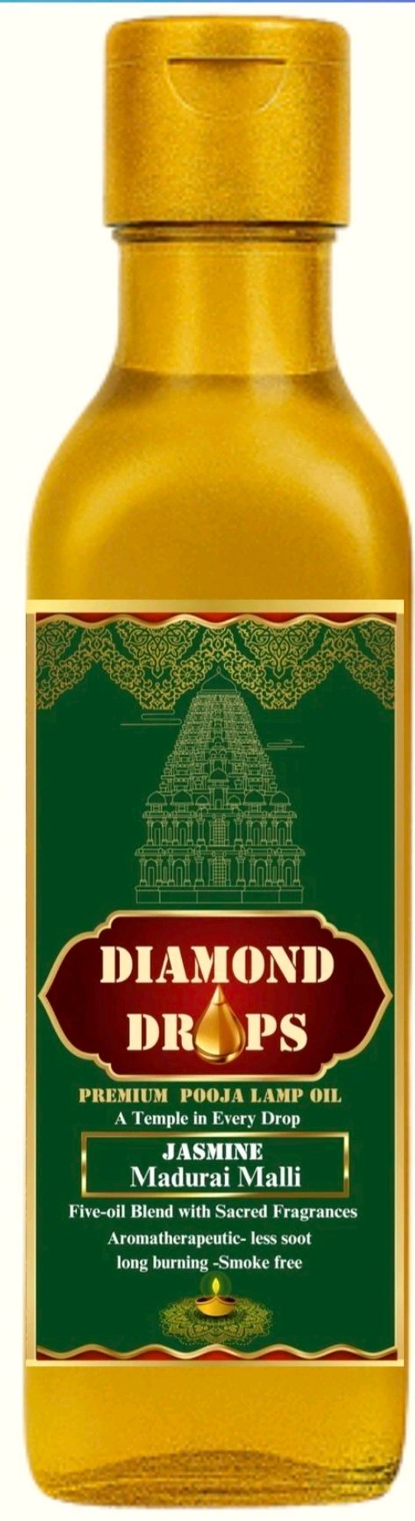 DIAMOND DROPS POOJA LAMP OIL 500Ml ML, JASMINE- Madurai Malli (Aromatherapeutic And Smokeless Formula ) A Temple In Every Drop - Pine Green