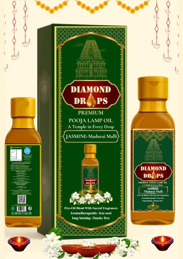 DIAMOND DROPS POOJA LAMP OIL 500Ml ML, JASMINE- Madurai Malli (Aromatherapeutic And Smokeless Formula ) A Temple In Every Drop - Pine Green