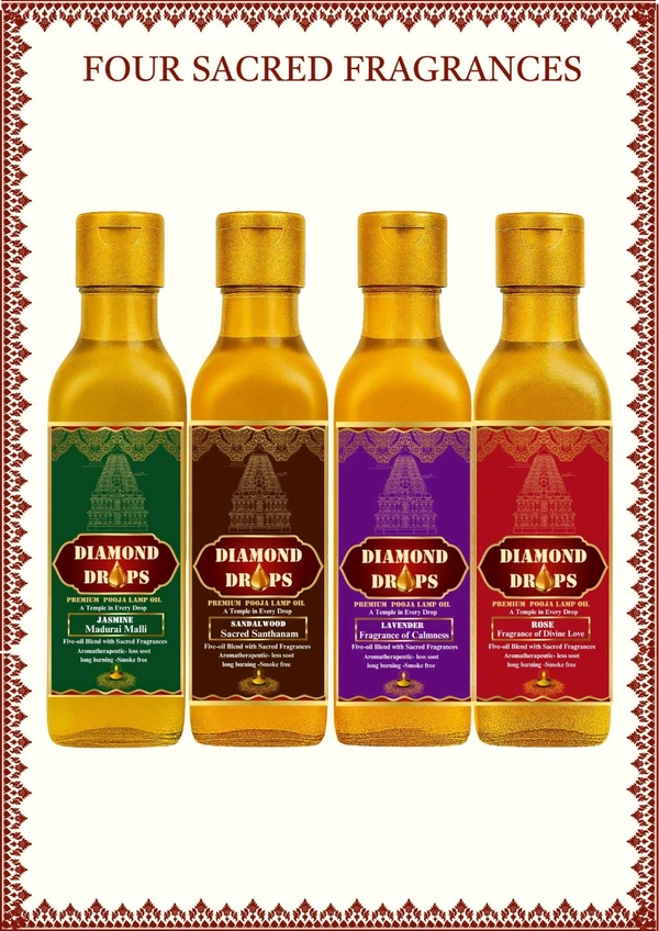 DIAMOND DROPS POOJA LAMP OIL 500Ml ML, JASMINE- Madurai Malli (Aromatherapeutic And Smokeless Formula ) A Temple In Every Drop - Pine Green