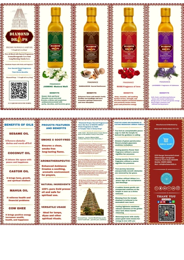 DIAMOND DROPS POOJA LAMP OIL 500Ml ML, JASMINE- Madurai Malli (Aromatherapeutic And Smokeless Formula ) A Temple In Every Drop - Pine Green