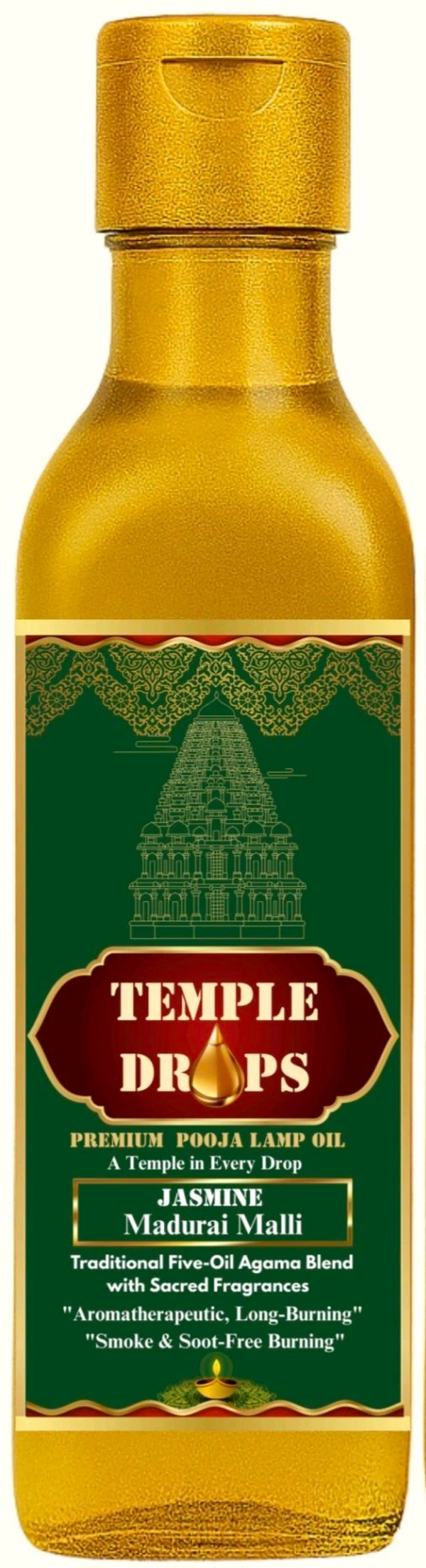 TEMPLE DROPS POOJA LAMP OIL 500Ml ML, JASMINE- Madurai Malli. Traditional Five-Oil Agama Blend with Sacred Fragrances "Aromatherapeutic, Long-Burning" "Smoke & Soot-Free Burning - Pine Green