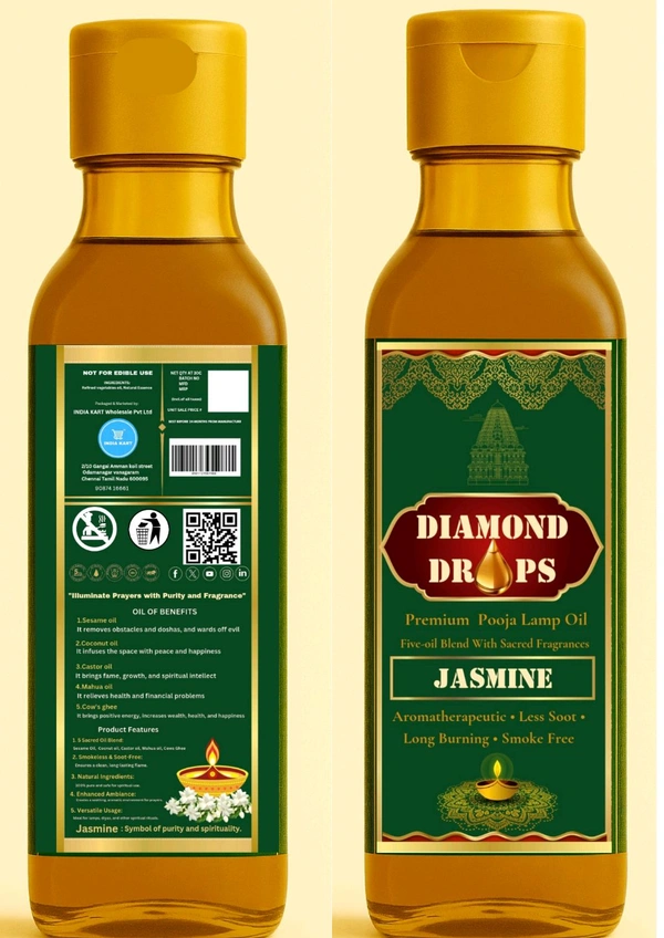 DIAMOND DROPS POOJA LAMP OIL 200ML(JASMINE) (Smokeless Formula ) A Temple In Every Drop  - Pine Green