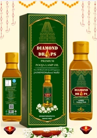 DIAMOND DROPS POOJA LAMP OIL 500Ml ML, JASMINE- Madurai Malli (Aromatherapeutic And Smokeless Formula ) A Temple In Every Drop  - Pine Green