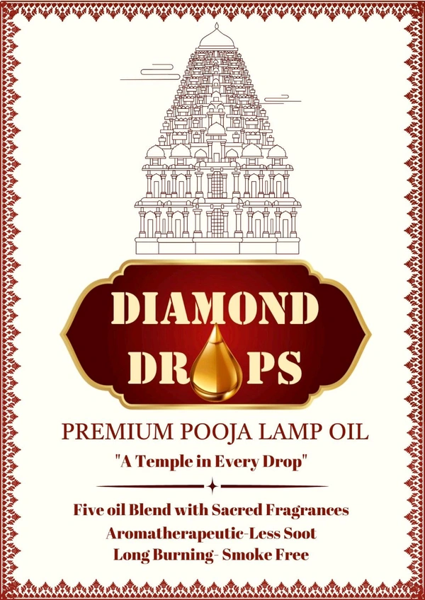 DIAMOND DROPS POOJA LAMP OIL 500Ml ML, JASMINE- Madurai Malli (Aromatherapeutic And Smokeless Formula ) A Temple In Every Drop - Pine Green