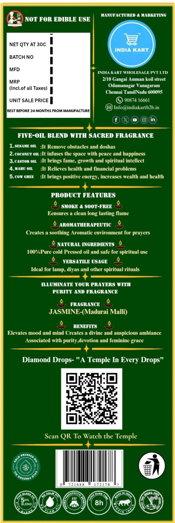 DIAMOND DROPS POOJA LAMP OIL 500Ml ML, JASMINE- Madurai Malli (Aromatherapeutic And Smokeless Formula ) A Temple In Every Drop  - Pine Green