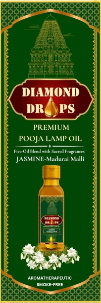 DIAMOND DROPS POOJA LAMP OIL 500Ml ML, JASMINE- Madurai Malli (Aromatherapeutic And Smokeless Formula ) A Temple In Every Drop  - Pine Green