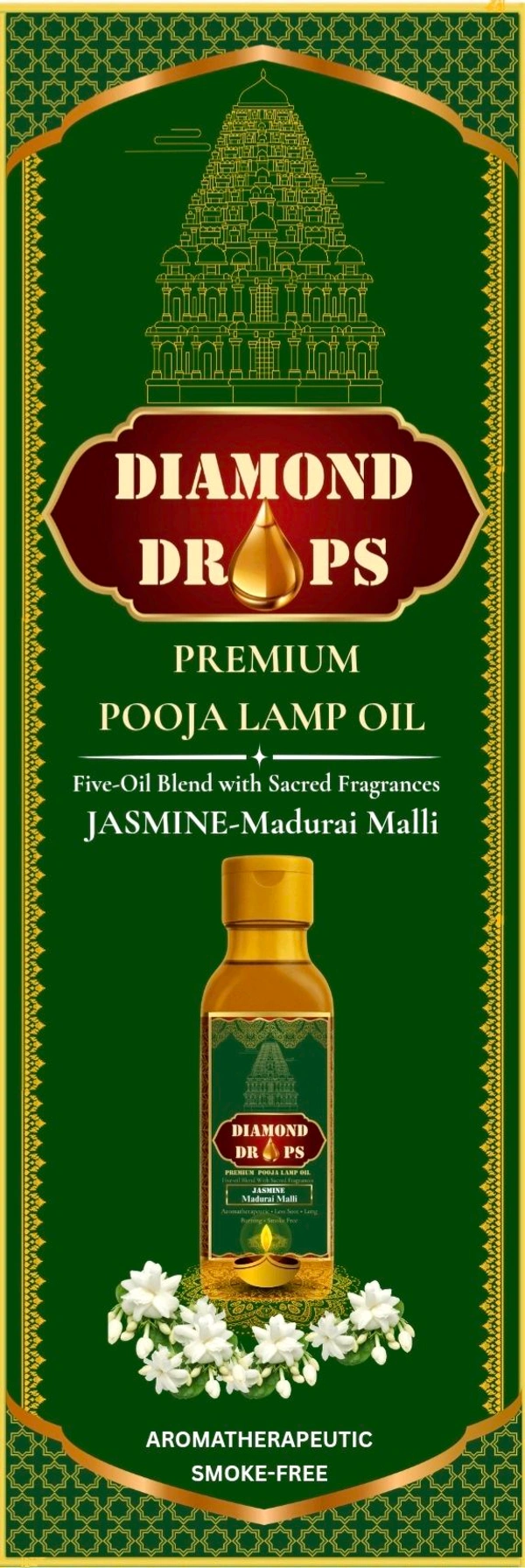 DIAMOND DROPS POOJA LAMP OIL 500Ml ML, JASMINE- Madurai Malli (Aromatherapeutic And Smokeless Formula ) A Temple In Every Drop  - Pine Green