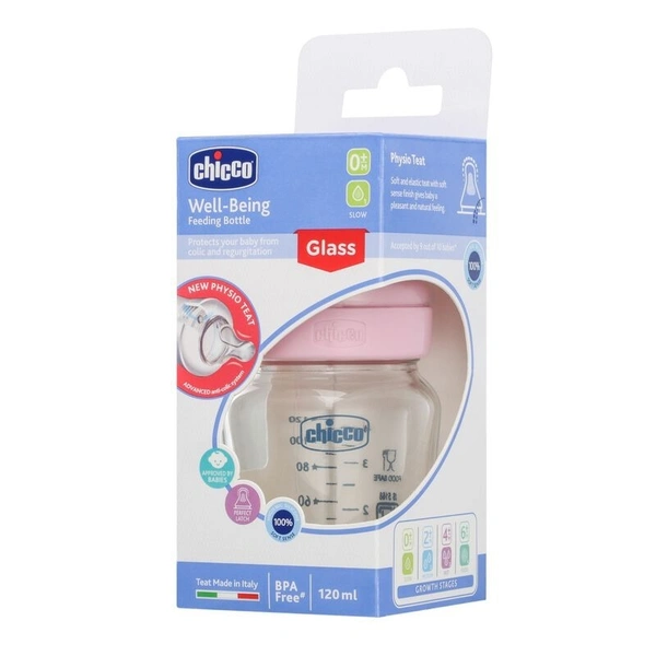 CHICCO BABY W/B FEEDING BOTTLE GLASS 0M 120ML PINK - 120ML