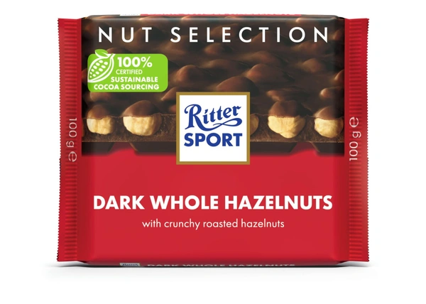 RITTER SPORT CHOCOLATE PURE DARK WHOLE HAZELNUTS - 100GM