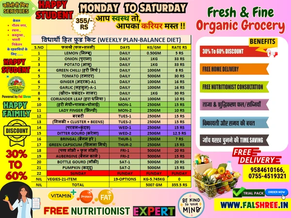 विधार्थी हित फ़ूड किट (WEEKLY PLAN-BALANCE DIET)