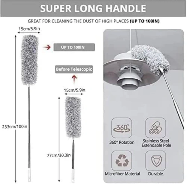 Microfiber Feather Duster Bendable & Extendable Fan Cleaning Duster with Up to 100 inches Stainless Steel Expandable Pole Handle Washable Duster