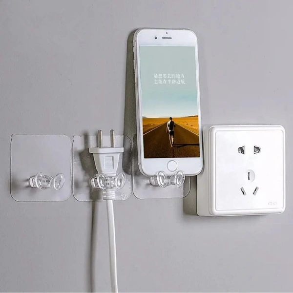 Multifunctional Mobile phone holder, Power Plugs Socket Holder, Wall Mounted Transparent, Self Adhesive Stick on Hook for Keys/Accessories ( Set Of 5pcs )