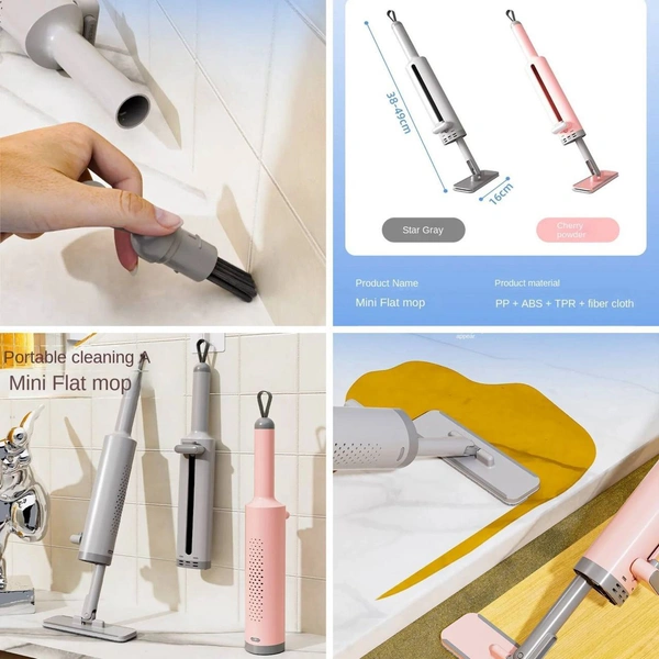 Portable Self-Squeeze Mini Mop, Short Rotatable Hand Wash-Free Flat Squeeze Mop with Crevice Brush and 2 Reusable Microfiber Pads, Floor Cleaning System for Bathroom Kitchens Tableware Desktop