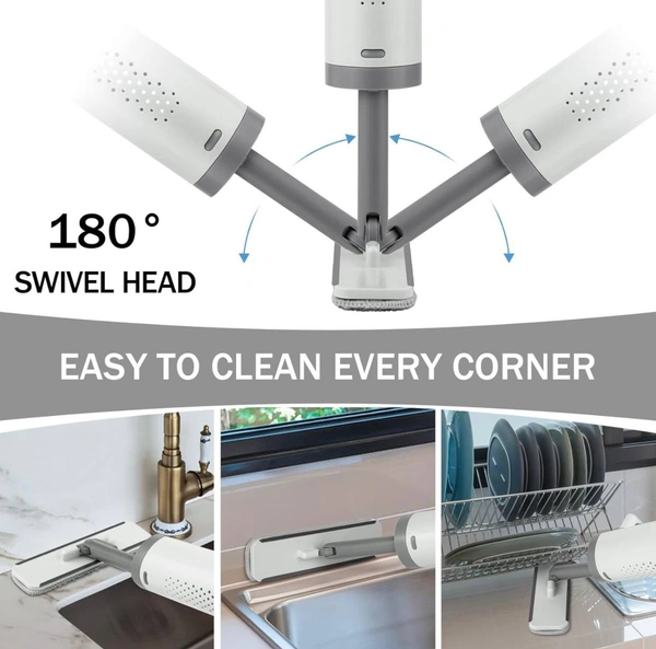 Portable Self-Squeeze Mini Mop, Short Rotatable Hand Wash-Free Flat Squeeze Mop with Crevice Brush and 2 Reusable Microfiber Pads, Floor Cleaning System for Bathroom Kitchens Tableware Desktop