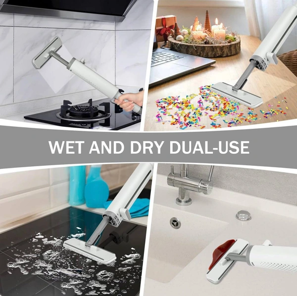 Portable Self-Squeeze Mini Mop, Short Rotatable Hand Wash-Free Flat Squeeze Mop with Crevice Brush and 2 Reusable Microfiber Pads, Floor Cleaning System for Bathroom Kitchens Tableware Desktop