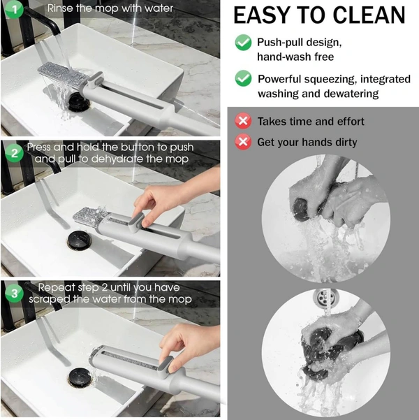 Portable Self-Squeeze Mini Mop, Short Rotatable Hand Wash-Free Flat Squeeze Mop with Crevice Brush and 2 Reusable Microfiber Pads, Floor Cleaning System for Bathroom Kitchens Tableware Desktop