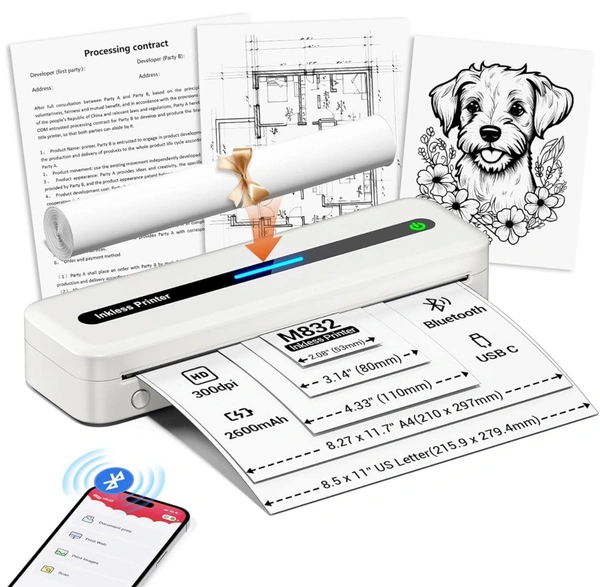 Inkless Thermal Printer, Bluetooth Printer Supports 8.5" X 11" US Letter & A4 & 2/3/4in Thermal Paper, Compact Printer Compatible with iOS Android Phone iPad Laptop