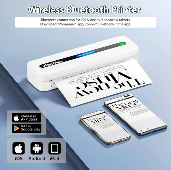 Inkless Thermal Printer, Bluetooth Printer Supports 8.5" X 11" US Letter & A4 & 2/3/4in Thermal Paper, Compact Printer Compatible with iOS Android Phone iPad Laptop