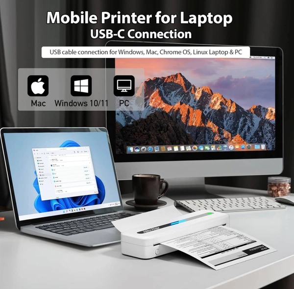 Inkless Thermal Printer, Bluetooth Printer Supports 8.5" X 11" US Letter & A4 & 2/3/4in Thermal Paper, Compact Printer Compatible with iOS Android Phone iPad Laptop