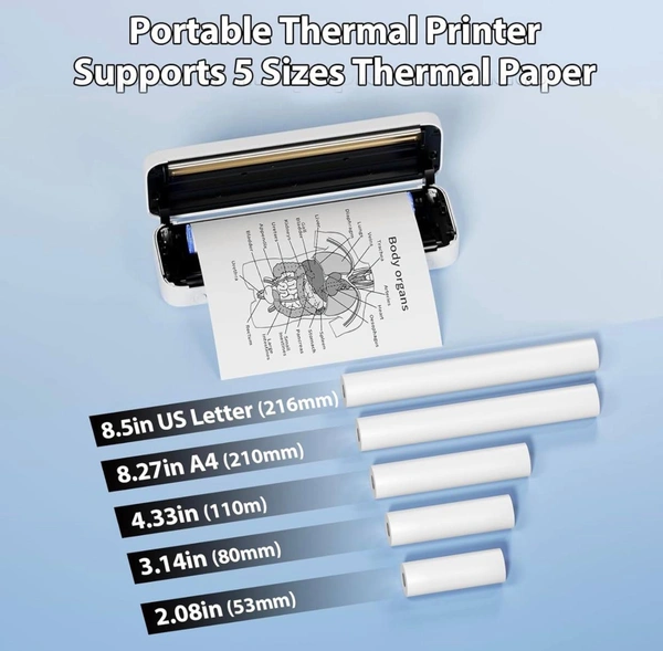Inkless Thermal Printer, Bluetooth Printer Supports 8.5" X 11" US Letter & A4 & 2/3/4in Thermal Paper, Compact Printer Compatible with iOS Android Phone iPad Laptop