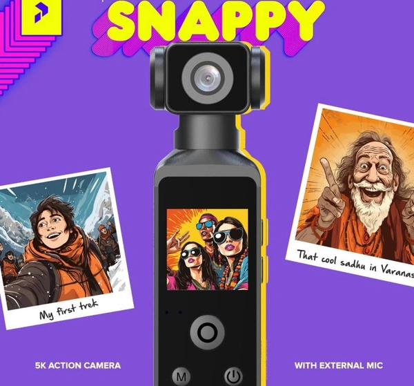 Snappy Vlogging and Sports Action Camera Records Upto 5k 30 fps with 6 Axis gyro EIS, External Mic with Deadcat Cover, WiFi, 270° Rotatable Lens, Water Proof Upto 30 Meters with case (Black)