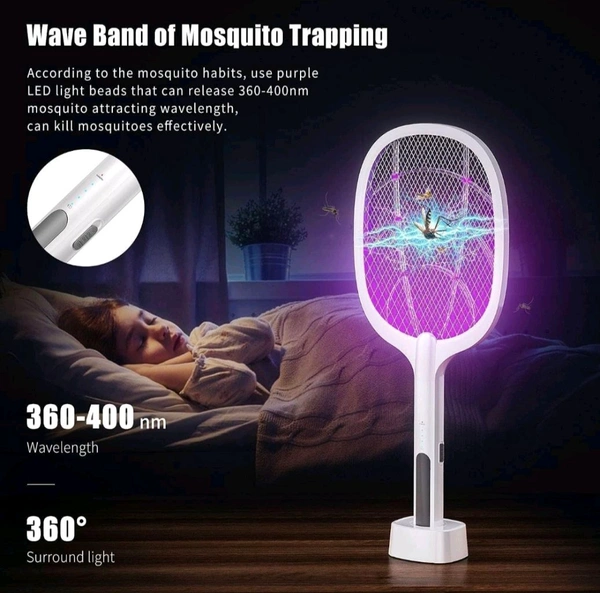 Mosquito Killer Racket Rechargeable Handheld Electric Fly Swatter Mosquito Killer Racket Bat with UV Light Lamp Electric Insect Killer Racket USB Charging Base
