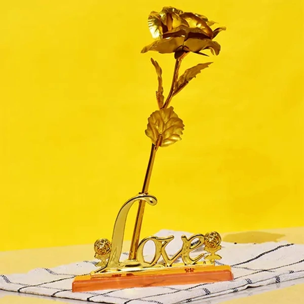 24k Gold Plated Artificial Flower With Love Stand Ideal For Rose Propose Valentines Day