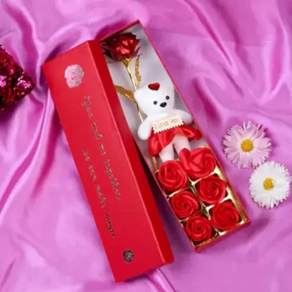 Cute Teddy with 6 Roses and Golden Red Flower