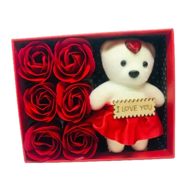 Valentine Gift Set ( 6 Flowers, Cute Doll)