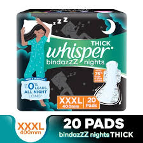 Whisper Bindazzz Nights Sanitary Pads Wider Back Up To 0% Leak Provide All Night Protection XXXL 20pcs