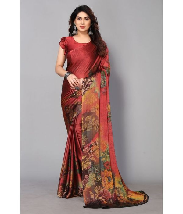 Rangita Women Floral Printed Chiffon Saree With Blouse Piece - Maroon ( MAA TARA MARKET ) - FREE SIZE, Mahogany