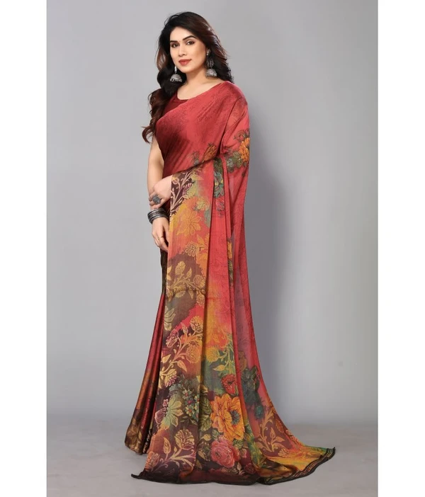 Rangita Women Floral Printed Chiffon Saree With Blouse Piece - Maroon ( MAA TARA MARKET ) - FREE SIZE, Mahogany