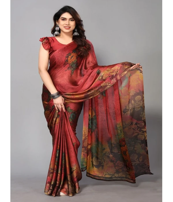 Rangita Women Floral Printed Chiffon Saree With Blouse Piece - Maroon ( MAA TARA MARKET ) - FREE SIZE, Mahogany