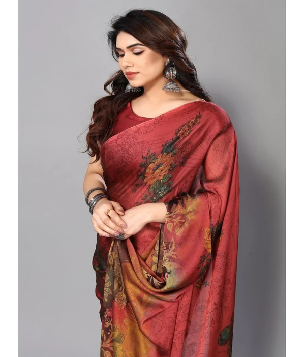 Rangita Women Floral Printed Chiffon Saree With Blouse Piece - Maroon ( MAA TARA MARKET ) - FREE SIZE, Mahogany