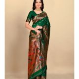 Rangita Women Paithani Banarasi Silk Saree With Blouse Piece - Green   ( MAA TARA MARKET ) - FREE SIZE, Forest Green