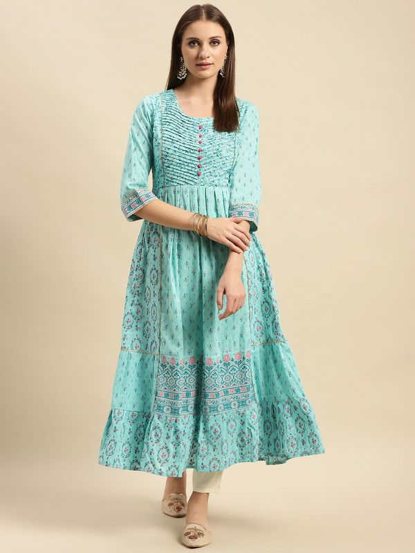 Rangita Women 100% Cotton Turquoise Yoke Embroidered Self Textured Ankle Length Anarkali ( MAA TARA MARKET ) - S, M, L, XL, XXL, XXXL, Rock Blue