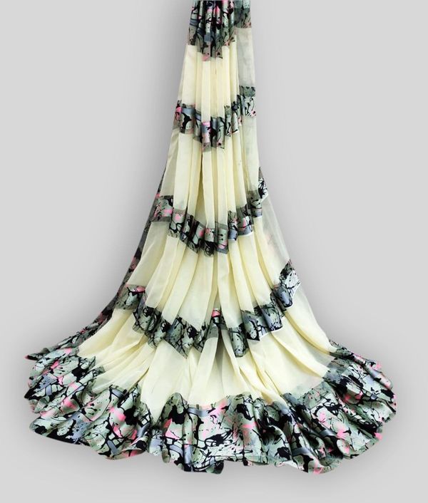 Sitanjali Satin Georgette Designer Printed Saree With Blouse Piece (Beige)  ( MAA TARA MARKET ) - FREE SIZE, BEIGE